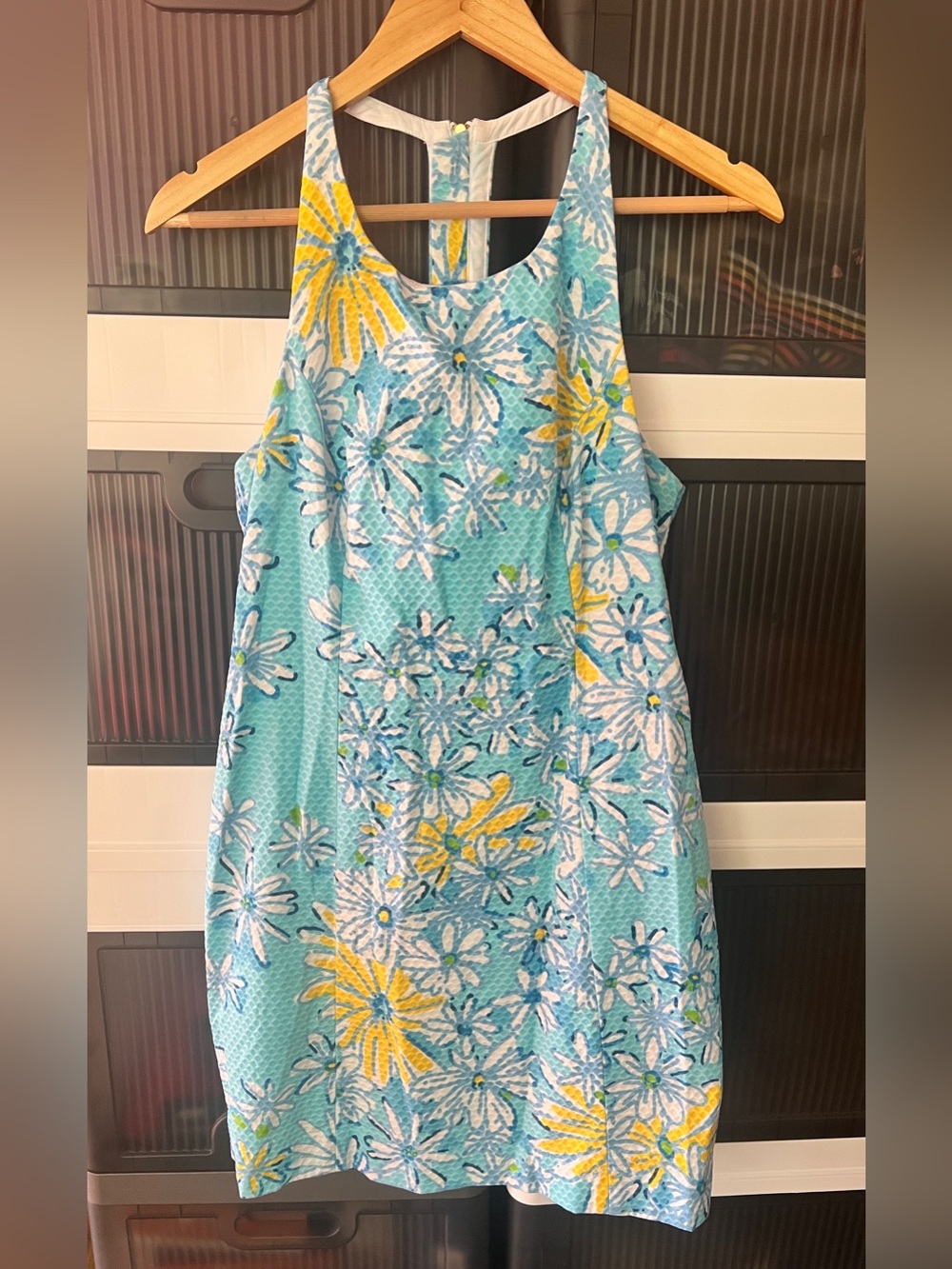 Lilly Pulitzer Aqua Floral Racerback Dress with Yellow and White Accents Size 6